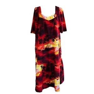 Vtg Hawaiian Maxi Dress XL Muumuu Kaftan Red Orange Sunset Palms Dress Helena’s